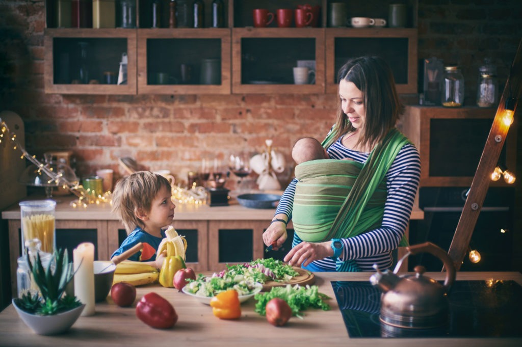 mother and children in kitchen